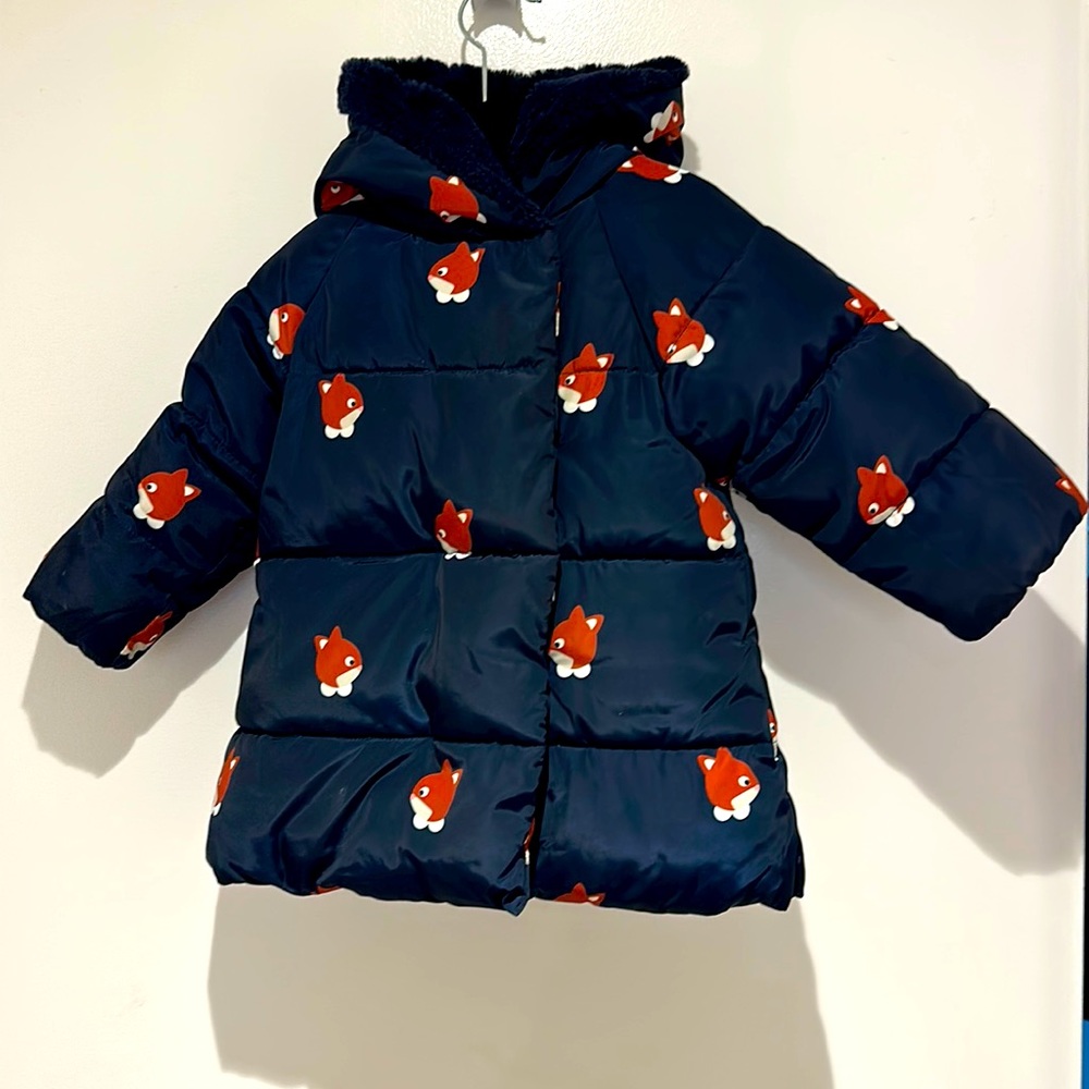 Jacadi navy blue winter coat fully faux fur lined with hood and cute foxes